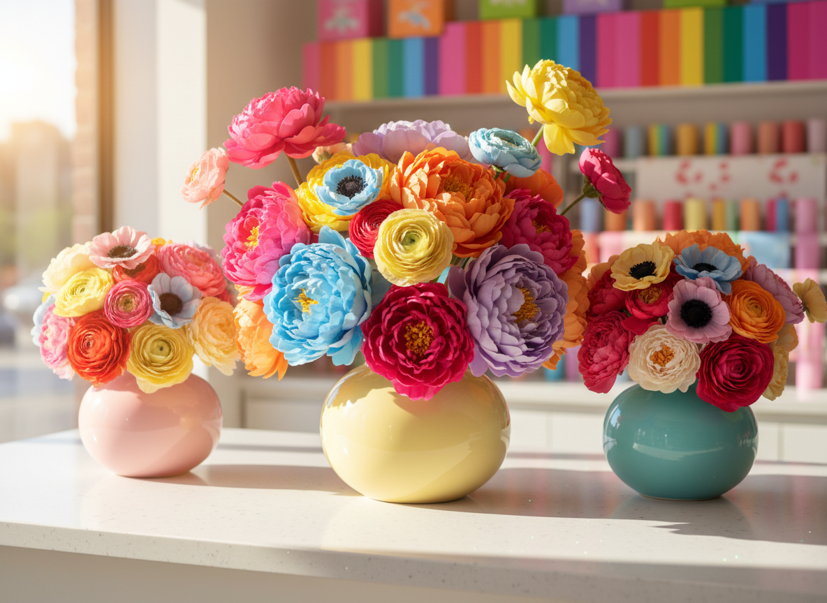 A whimsical arrangement of vibrant, handcrafted flower bouquets featuring plush, oversized peony blossoms, cheerful ranunculus, and playful anemones made from delicate silk and real petals, with rounded and exaggerated contours. The bouquets are displayed in glossy, bubble-shaped ceramic vases in pastel yellows, pinks, and turquoise, all set atop a sparkling white countertop. Bright, diffused daylight floods the scene from a nearby window, creating crisp highlights on the ceramics and petal edges while casting soft, rounded shadows. The composition is eye-level with a centered bouquet and a lightly blurred backdrop of rainbow-hued packaging, evoking a playful, energetic, and delightfully modern atmosphere. The image style is photographic realism with an emphasis on bold colors, joyful whimsy, and clean, rounded forms, perfectly reflecting a unique, extraordinary flower shop.